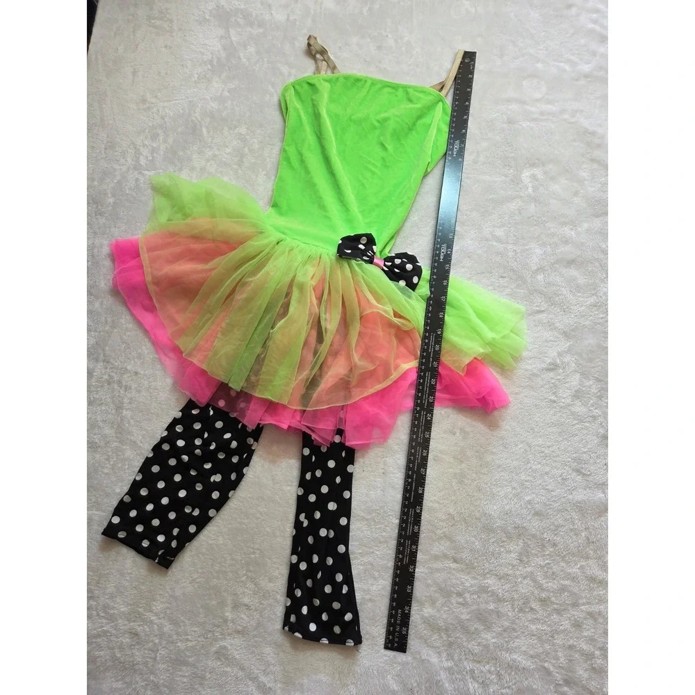 387 Girls Neon Green Pink Clown Costume Dress Tutu Polka Dot Leggings
